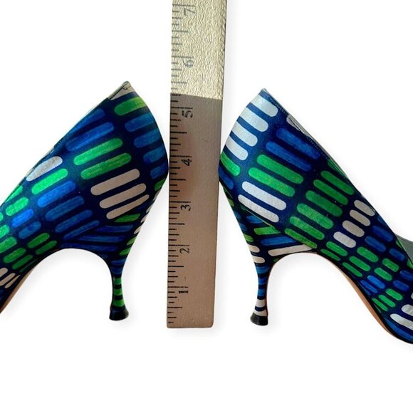 Vintage Herbert Levine Pumps |1960s Mod| Blue Green Geometric, Bow | Size 5.5A - Picture 12 of 14